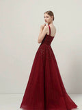 Classy Ball Gown Straps Burgundy Sequin Evening Dress Long Prom Dresses HZ1121