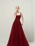 Classy Ball Gown Straps Burgundy Sequin Evening Dress Long Prom Dresses HZ1121