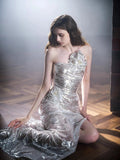 Classy Mermaid One Shoulder Silver Sequin Evening Dress Long Prom Dresses HZ1121