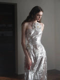 Classy Mermaid One Shoulder Silver Sequin Evening Dress Long Prom Dresses HZ1121