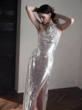 Classy Mermaid One Shoulder Silver Sequin Evening Dress Long Prom Dresses HZ1121
