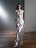 Classy Mermaid One Shoulder Silver Sequin Evening Dress Long Prom Dresses HZ1121