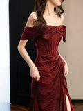 Classy Mermaid Off The Shoulder Burgundy Satin Slit Evening Dress Long Prom Dresses HZ1121