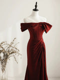 Classy Mermaid Off The Shoulder Burgundy Satin Slit Evening Dress Long Prom Dresses HZ1121