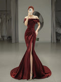 Classy Mermaid Off The Shoulder Burgundy Satin Slit Evening Dress Long Prom Dresses HZ1121