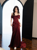 Classy Mermaid Off The Shoulder Burgundy Satin Slit Evening Dress Long Prom Dresses HZ1121