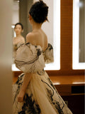Sexy Ball Gown Off The Shoulder Champagne Elegant Tulle Long Prom Dresses HZ1121