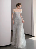 Classy Mermaid Off The Shoulder Silver Sequin Long Evening Dress Long Prom Dresses HZ1121
