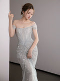 Classy Mermaid Off The Shoulder Silver Sequin Long Evening Dress Long Prom Dresses HZ1121