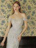 Classy Mermaid Off The Shoulder Silver Sequin Long Evening Dress Long Prom Dresses HZ1121