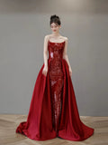 Classy Mermaid Strapless Red Sequin Long Evening Dress Long Prom Dresses HZ1121