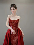 Classy Mermaid Strapless Red Sequin Long Evening Dress Long Prom Dresses HZ1121