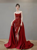 Classy Mermaid Strapless Red Sequin Long Evening Dress Long Prom Dresses HZ1121
