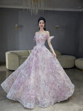 Classy Ball Gown Straps Pink Floral Evening Dress Long Prom Dresses HZ1121