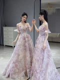 Classy Ball Gown Straps Pink Floral Evening Dress Long Prom Dresses HZ1121