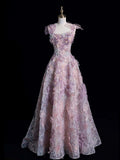 Classy Ball Gown Straps Pink Floral Evening Dress Long Prom Dresses HZ1121
