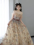 Sexy Ball Gown Off The Shoulder Long Sleeves Champagne Elegant Tulle Long Prom Dresses HZ1121