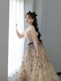 Sexy Ball Gown Off The Shoulder Long Sleeves Champagne Elegant Tulle Long Prom Dresses HZ1121