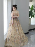 Sexy Ball Gown Off The Shoulder Long Sleeves Champagne Elegant Tulle Long Prom Dresses HZ1121
