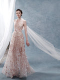 Classy A Line Halter Pink Floral Evening Dress Long Prom Dresses HZ1121