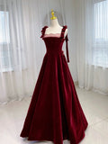 Classy Elegant A line Straps Burgundy Beading Sleeveless Velvet Prom Dresses HZ1121