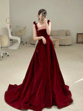 Classy Elegant A line Straps Burgundy Beading Sleeveless Velvet Prom Dresses HZ1121