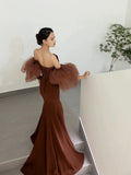 Classy Mermaid Off The Shoulder Satin Brown Evening Dress Long Prom Dresses HZ1121