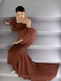 Classy Mermaid Off The Shoulder Satin Brown Evening Dress Long Prom Dresses HZ1121