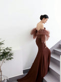 Classy Mermaid Off The Shoulder Satin Brown Evening Dress Long Prom Dresses HZ1121