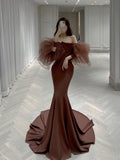Classy Mermaid Off The Shoulder Satin Brown Evening Dress Long Prom Dresses HZ1121