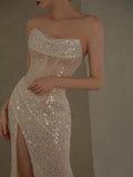 Classy Mermaid Strapless White Sequin Slit Evening Dress Long Prom Dresses HZ1121