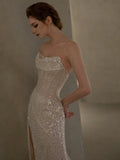 Classy Mermaid Strapless White Sequin Slit Evening Dress Long Prom Dresses HZ1121