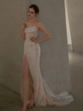 Classy Mermaid Strapless White Sequin Slit Evening Dress Long Prom Dresses HZ1121