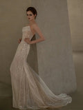 Classy Mermaid Strapless White Sequin Slit Evening Dress Long Prom Dresses HZ1121
