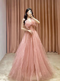 Classy Elegant A line Spaghetti Straps Pink Tulle Beading Sleeveless Prom Dresses HZ1121