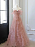 Classy Elegant A line Spaghetti Straps Pink Tulle Beading Sleeveless Prom Dresses HZ1121