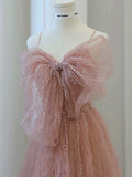 Classy Elegant A line Spaghetti Straps Pink Tulle Beading Sleeveless Prom Dresses HZ1121