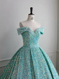 Classy Ball Gown Off The Shoulder Blue Sequin Evening Dress Long Prom Dresses HZ1121