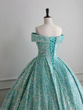 Classy Ball Gown Off The Shoulder Blue Sequin Evening Dress Long Prom Dresses HZ1121