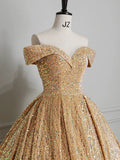 Classy Ball Gown Off The Shoulder Blue Sequin Evening Dress Long Prom Dresses HZ1121