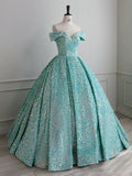 Classy Ball Gown Off The Shoulder Blue Sequin Evening Dress Long Prom Dresses HZ1121