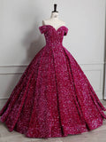 Classy Ball Gown Off The Shoulder Blue Sequin Evening Dress Long Prom Dresses HZ1121