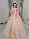 Classy Elegant A line Off The Shoulder Pink Tulle Flowers Short Sleeves Prom Dresses HZ1121