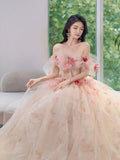 Classy Elegant A line Off The Shoulder Pink Tulle Flowers Short Sleeves Prom Dresses HZ1121