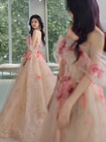 Classy Elegant A line Off The Shoulder Pink Tulle Flowers Short Sleeves Prom Dresses HZ1121