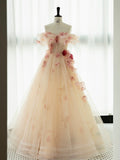Classy Elegant A line Off The Shoulder Pink Tulle Flowers Short Sleeves Prom Dresses HZ1121