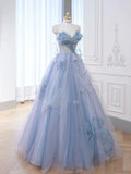 Classy Elegant Ball Gown Sweetheart Blue Tulle Flowers Prom Dresses HZ1121