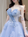 Classy Elegant Ball Gown Sweetheart Blue Tulle Flowers Prom Dresses HZ1121