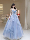 Classy Elegant Ball Gown Sweetheart Blue Tulle Flowers Prom Dresses HZ1121