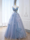 Classy Elegant Ball Gown Sweetheart Blue Tulle Flowers Prom Dresses HZ1121